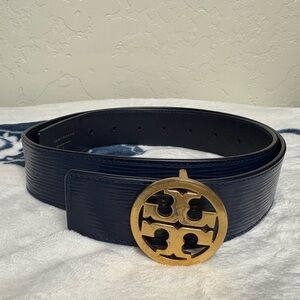 Tory Burch Navy Belt with Gold Logo